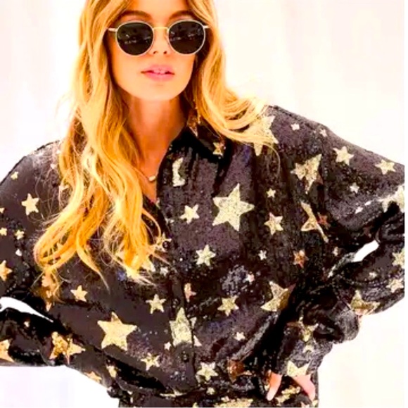 Main Strip Black and Gold Sequin Blouse - Picture 1 of 5